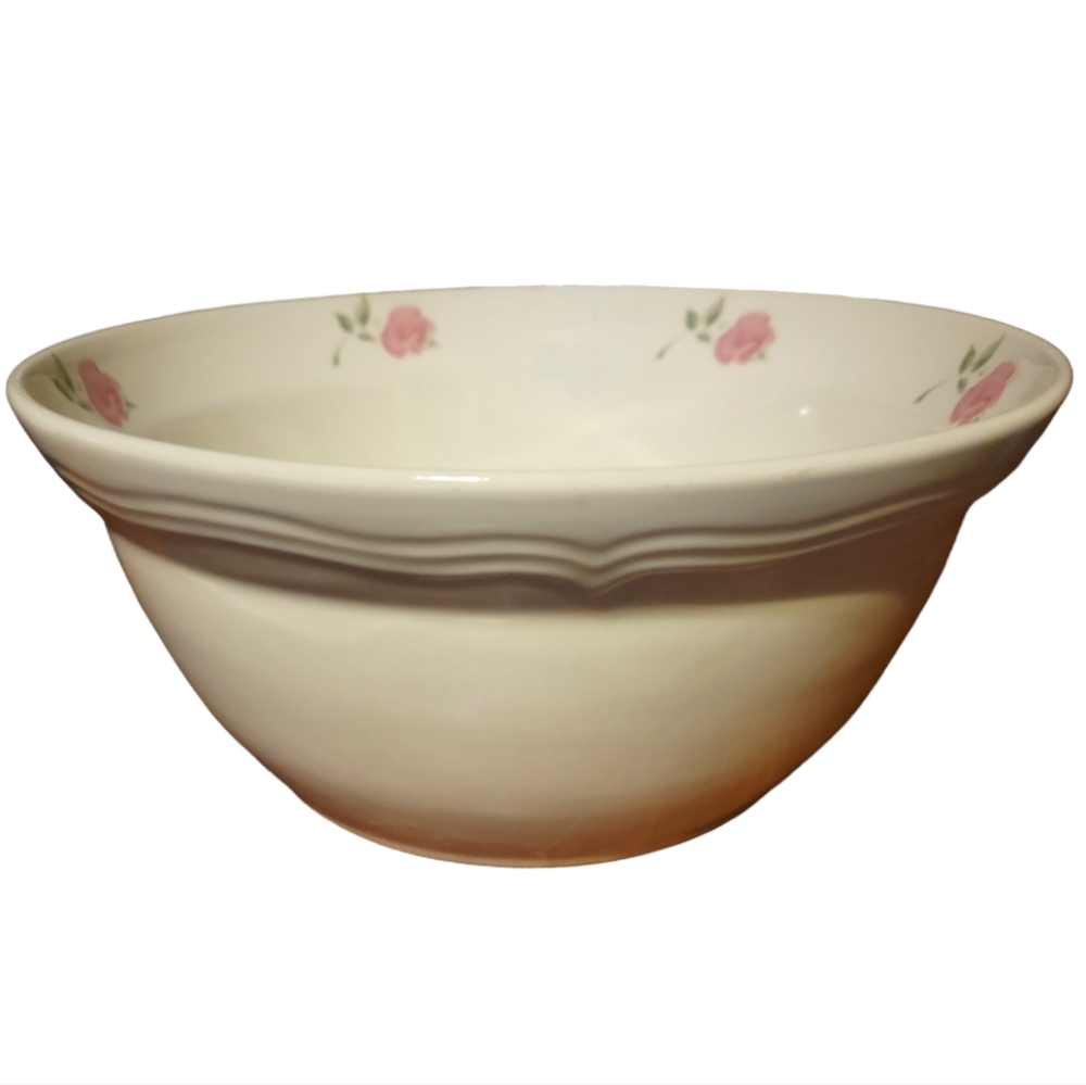 1 Vtg Gibson Roseland Stoneware 9" Salad Serving Bowl Pink Rim Roses Leaves
